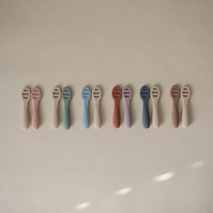 mushie Silicone First Feeding Baby Spoons | 2 Pack (Powder Blue/Shifting Sand)