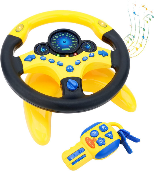 deAO Kids Steering Wheel for Backseat with Car Key Pretend Driving Simulated Driving Steering Wheel Toy with Light and Music Gifts for Kids (Yellow)