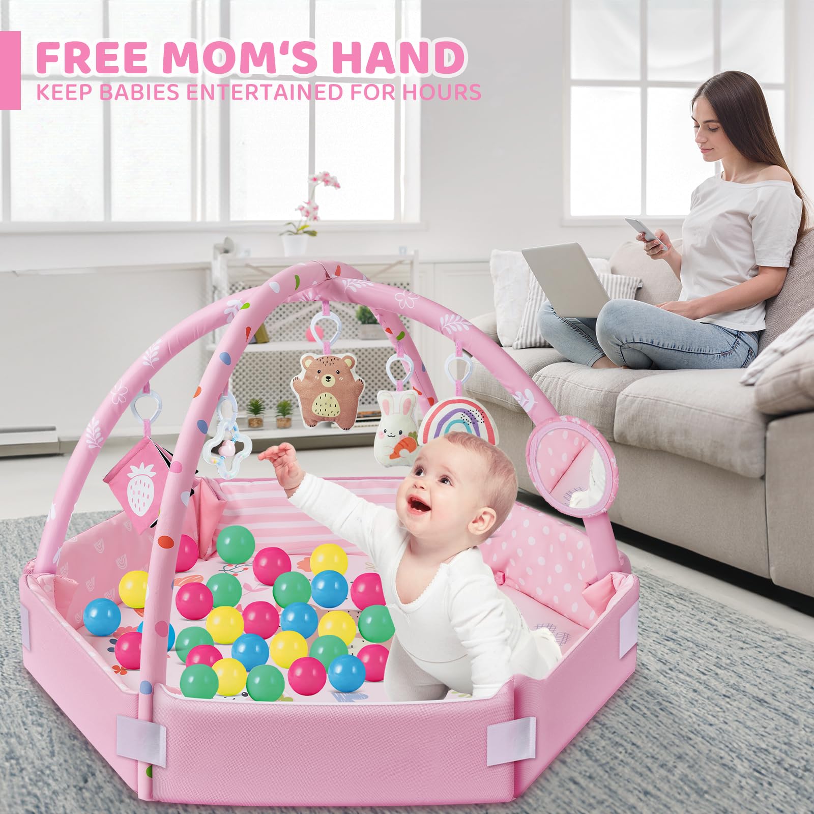 Baby Gym Play Mat, 8-in-1 Tummy Time Mat & Ball Pit with 6 Toys, Washable Baby Activity Mat for