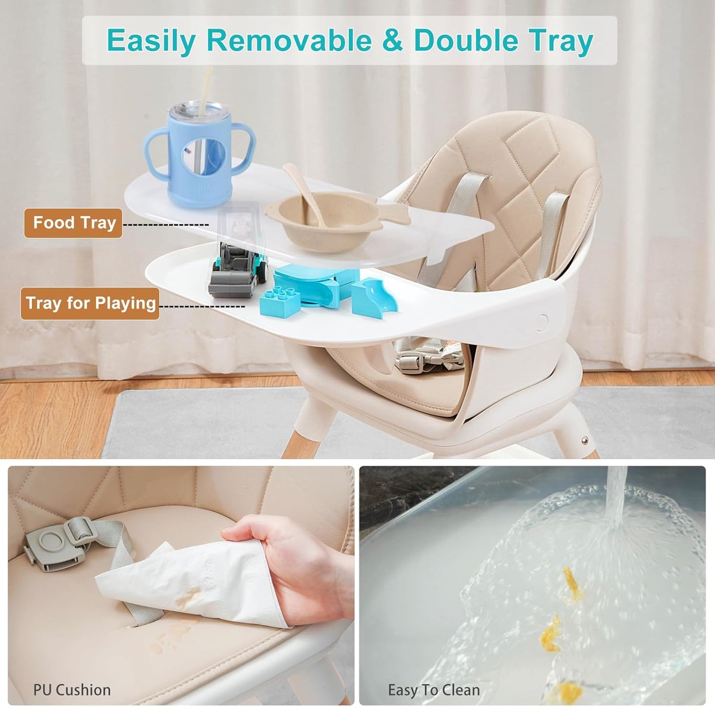 Baby High Chair, 6 in 1 Wooden Convertible High Chairs for Babies and Toddlers, Booster Seat with