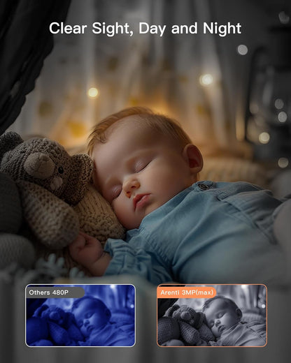 ARENTI Baby Monitor with 2 Cameras, 2K/3MP WiFi 6 Camera and Audio, 5-inch Wireless Screen, Smartphone App, Super Night Vision, Crying Detection, Auto Tracking, Temp&Humidity Sensor (D3 Set)