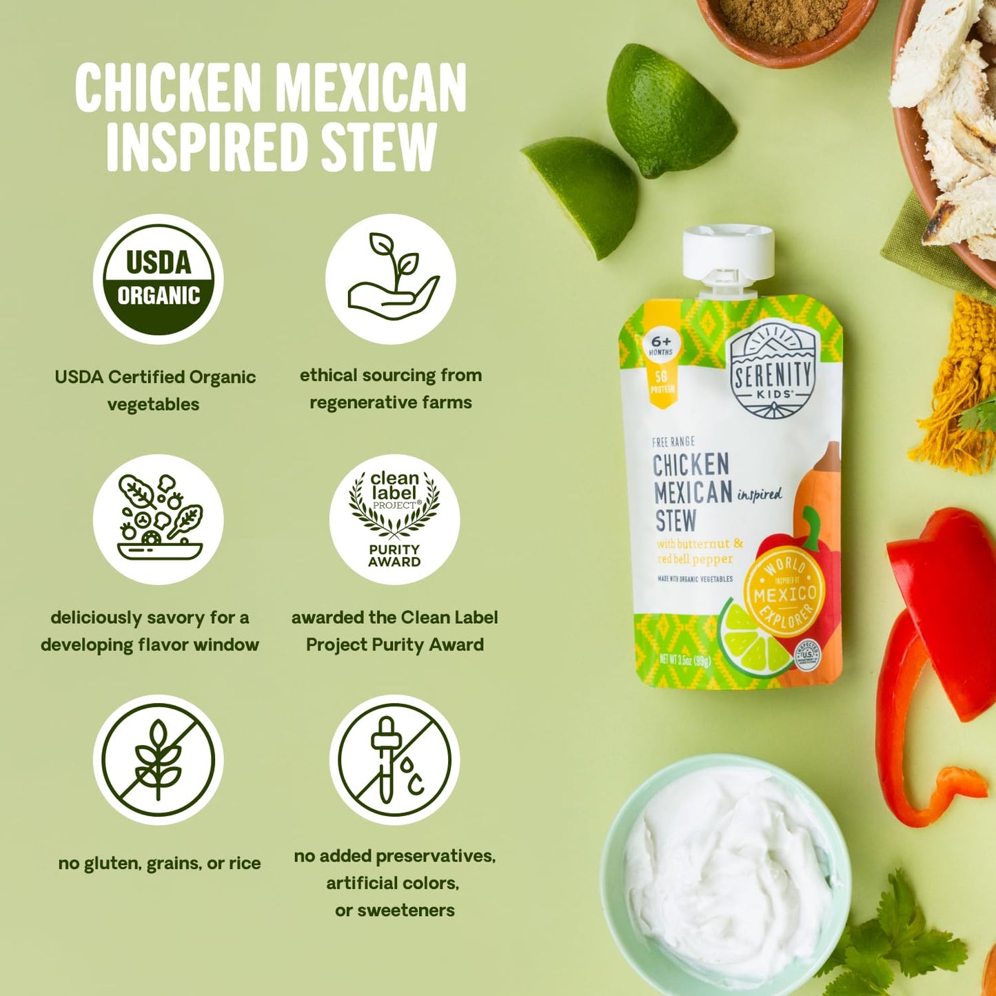 Serenity Kids 6+ Months World Explorers Mexican Chicken Baby Food Pouches - Chicken Mexican Stew