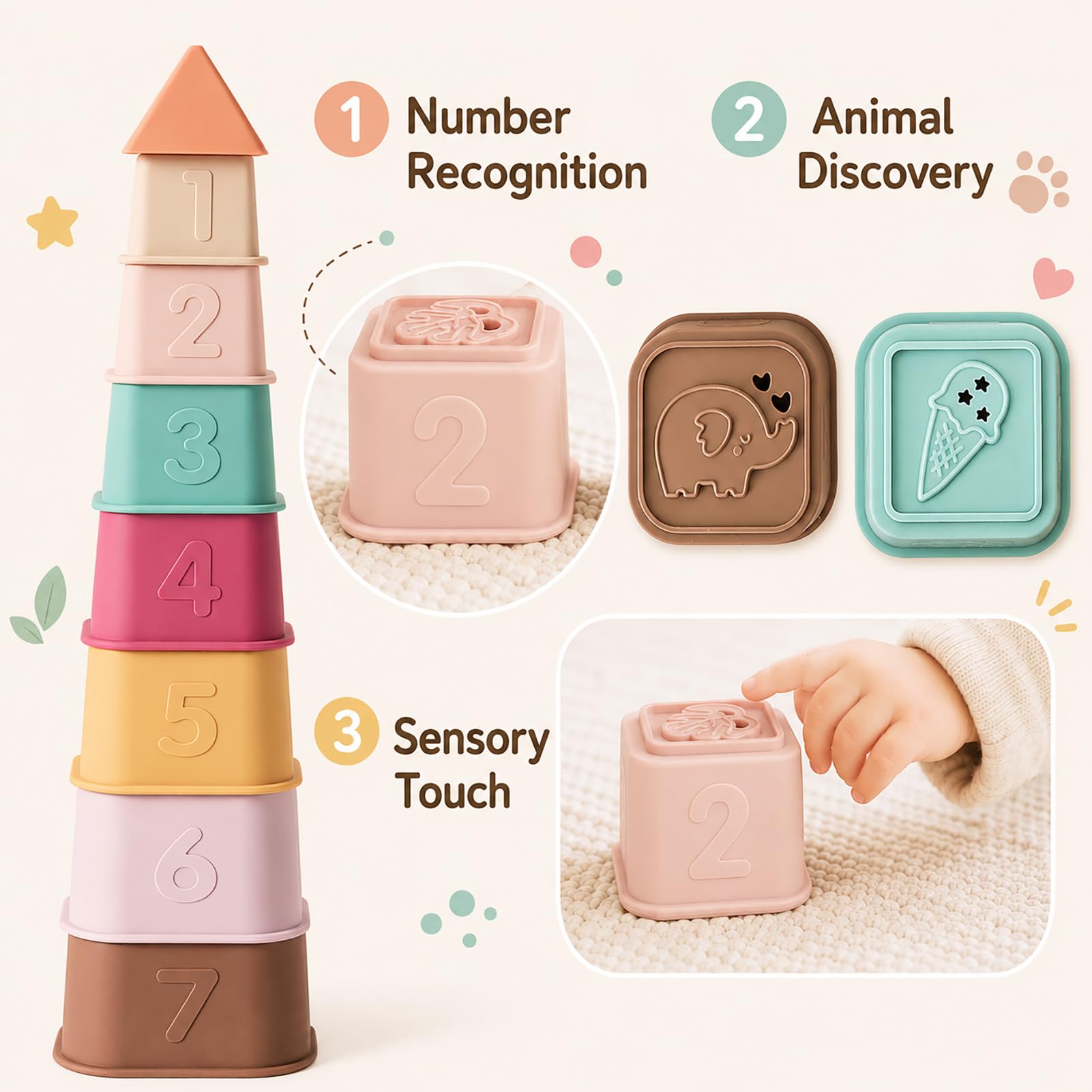YIVEKO Baby Stacking Cups Toy, Silicone Stacking Tower Educational Baby Toys 6M+, Soft Teething