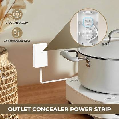 Outlet Concealer Power Strip | 5ft Flat Extension Cord | Ultra-Thin Outlet Cover Extension Cord with 3AC Outlets-,Universal Size,1625W for Kitchen, Home Improvement, Child & Pet Safe
