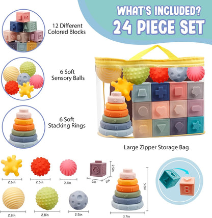 Montessori Toys for Babies 6-12 Months, Soft Baby Blocks Toys Set, 3 in 1 Infant Stacking Building