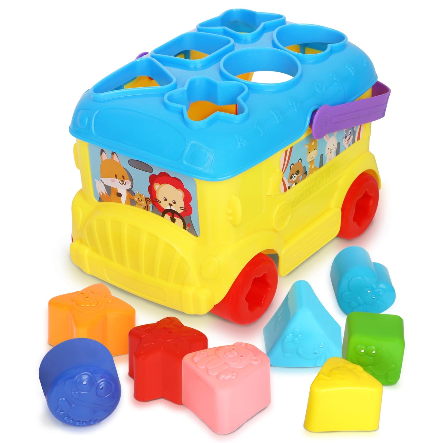 Playkidiz Bus Shape Sorter Toy - Kids Block Sorter with 16 Colorful Shapes - Sorting Toys for