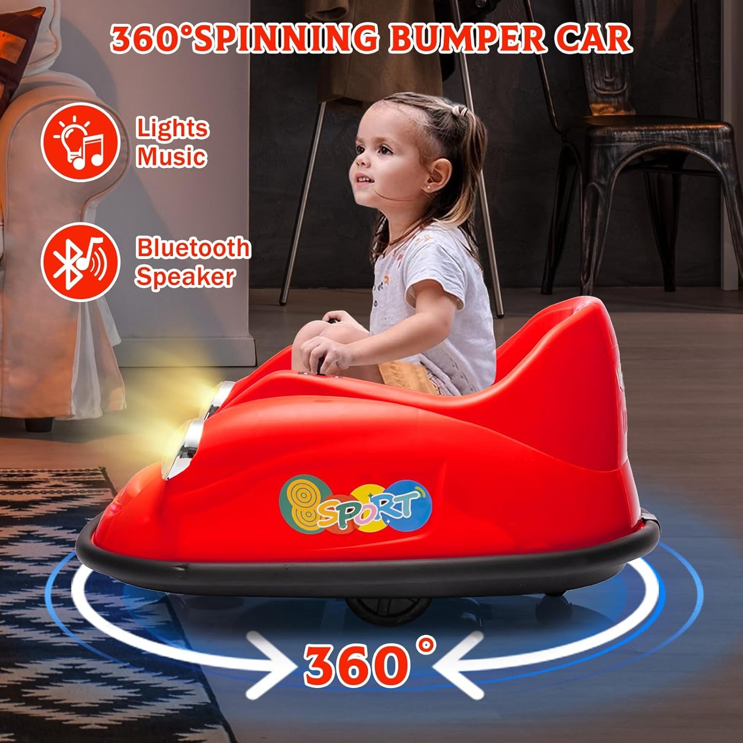 12V Bumper Car for Toddlers, Electric Toy Ride on Battery Car with Kids W/Parent Remote Control, 2-Speed, 360 Degree Spin, Music & LED Lights for Kids, Red