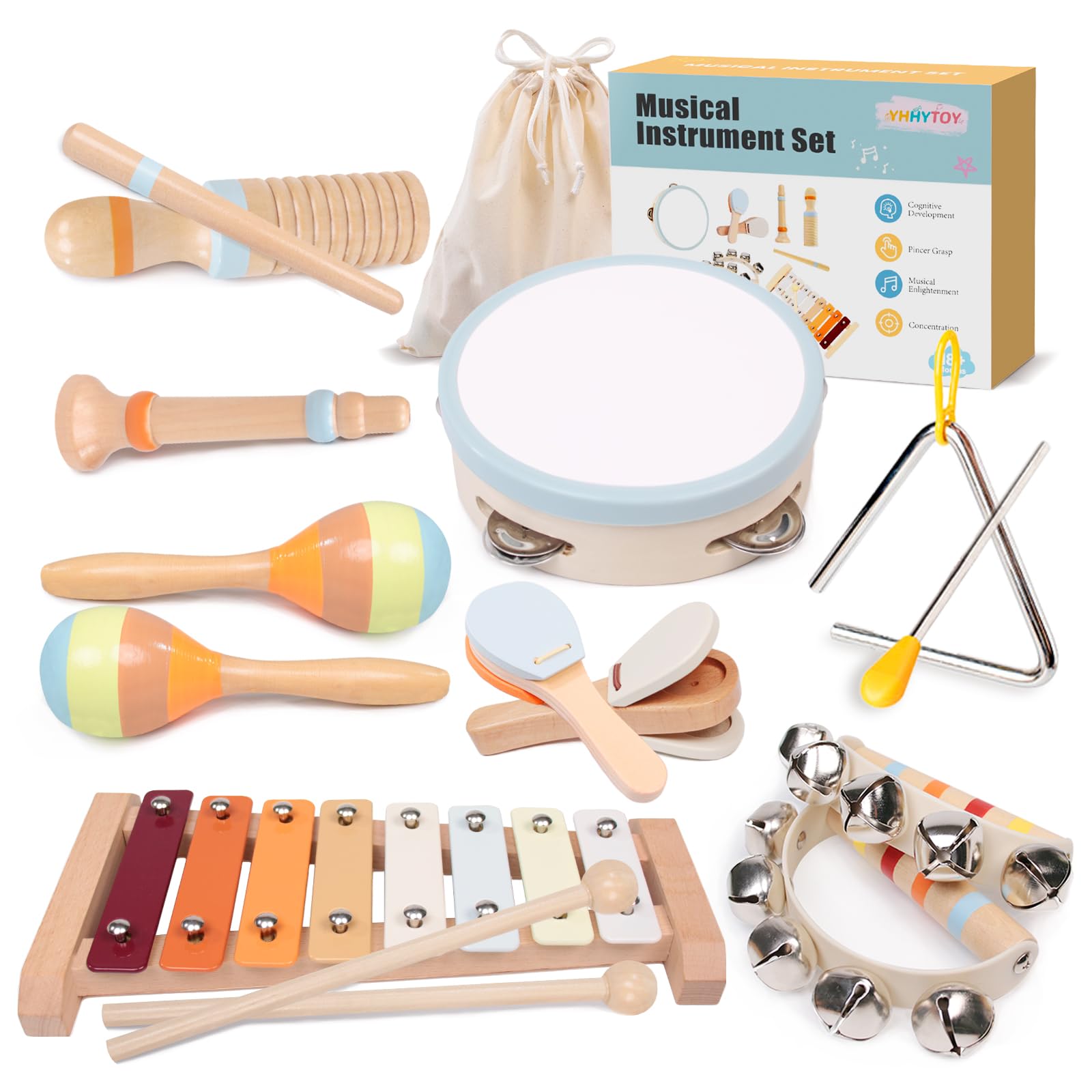 YHHYTOY Montessori Toys Wooden Baby Musical Instruments Set for Toddlers