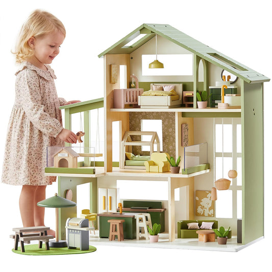 Tiny Land Wooden Doll House, Modern Family Dollhouse with Realistic Design