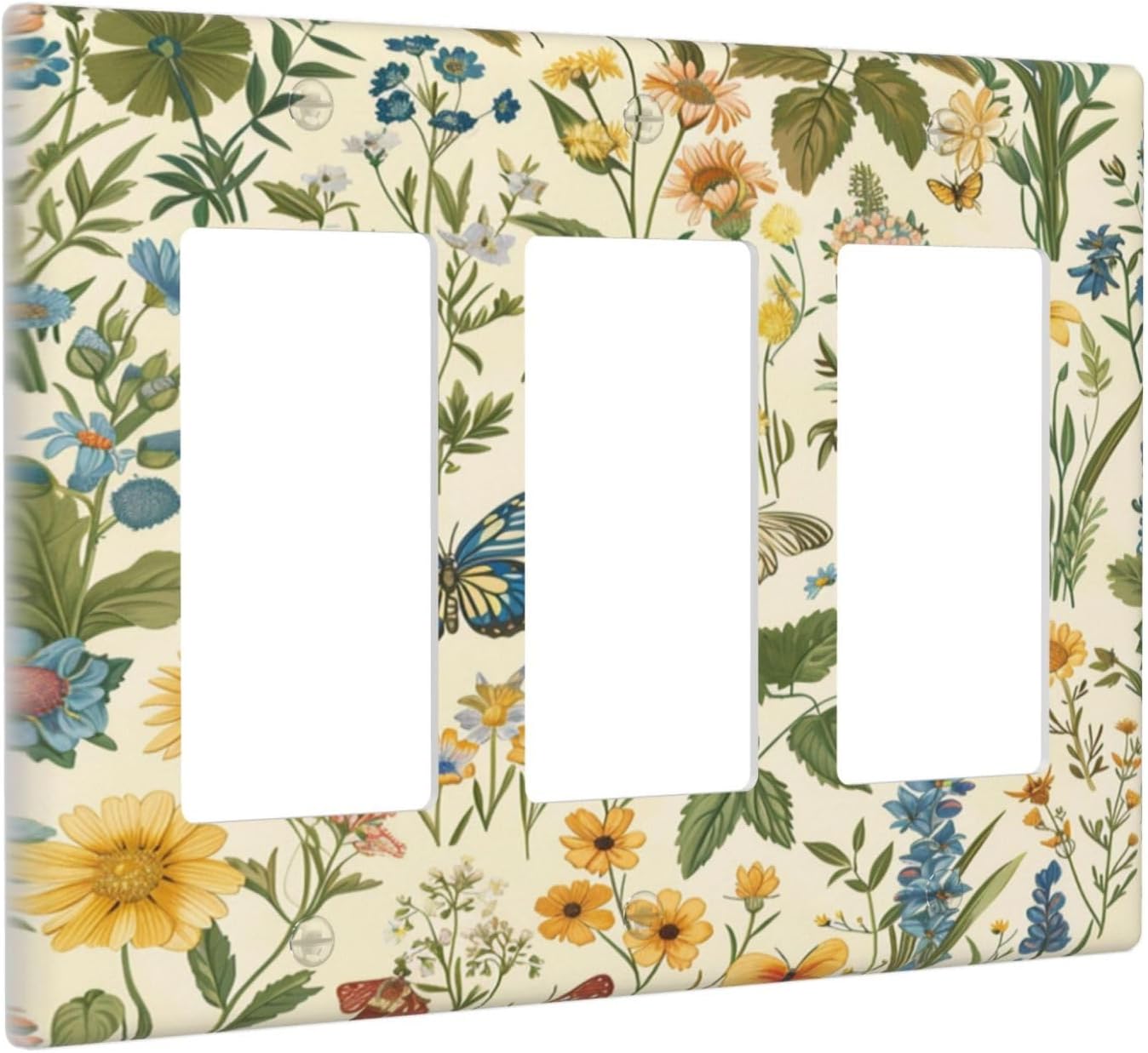 Decorative Outlet Covers Rustic Plant Garden Leaf Flower Butterfly 3 Gang Wall Plate Triple Rocker Light Switch Cover Plate Jumbo Electrical GFCI Faceplate for Bedroom Home Decor