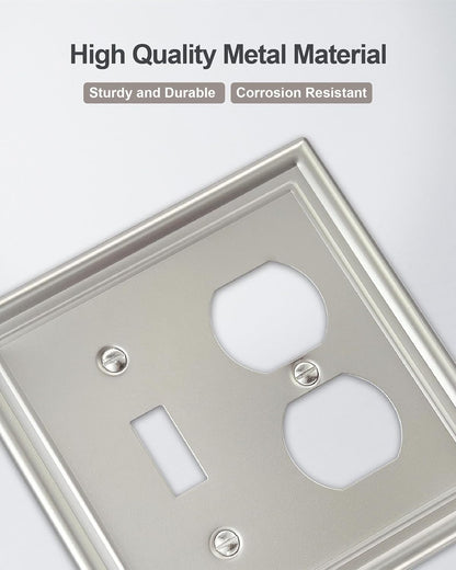 2-Pack Combination 1 Toggle/1 Duplex Wall Plate, Metal Switch Plate and Outlet Cover, Satin Nickel, Midsize, A035 Series