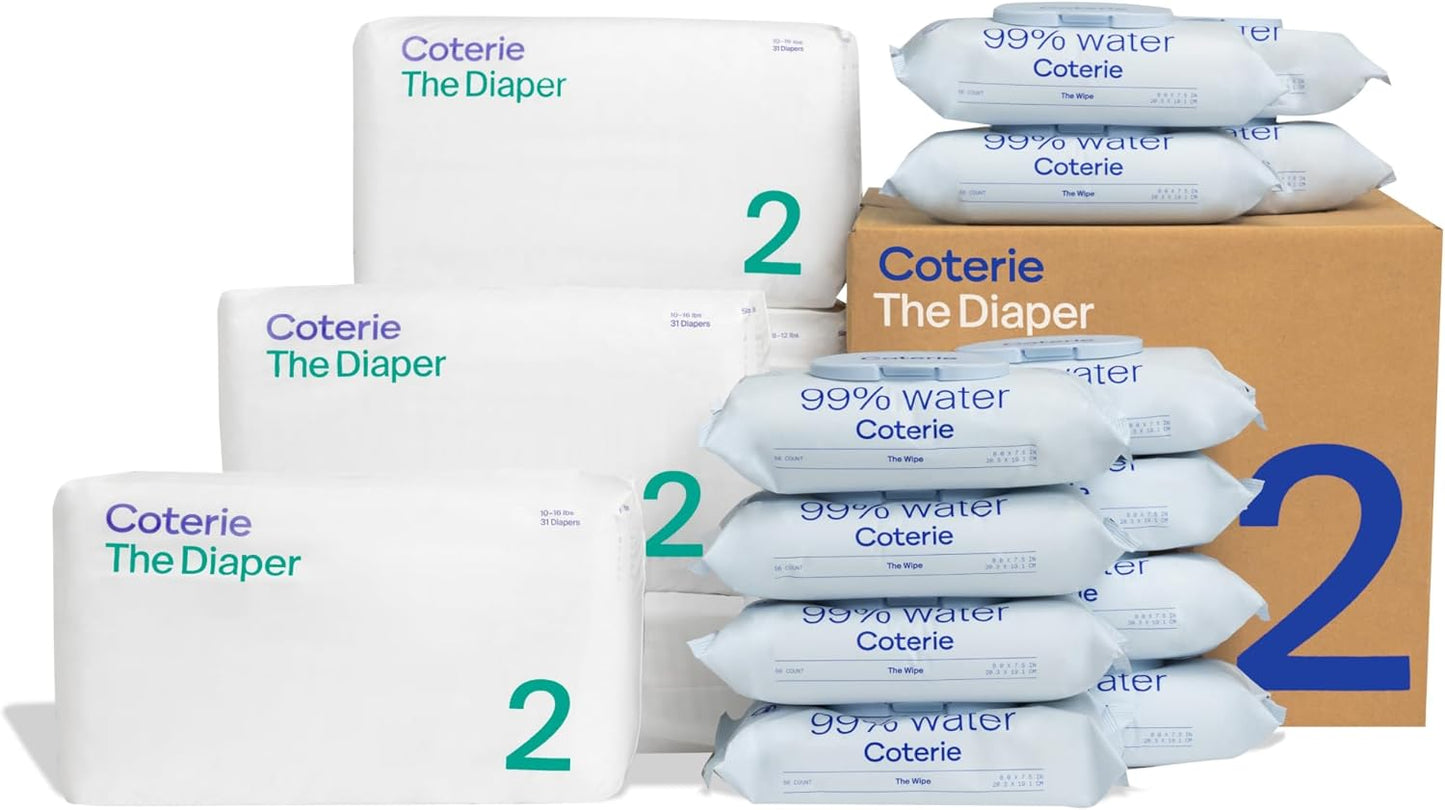 Coterie Baby Wipes + Diapers Kit, Size 2 Diapers (186 Count) & 12 Pack (672 Count) Baby Wipes with 99% Water, Plant Based Materials, Hypoallergenic for Sensitive Skin