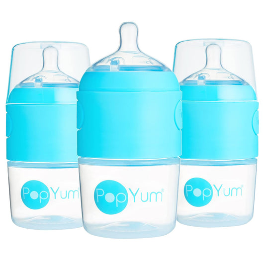 PopYum 5 oz Blue Anti-Colic Formula Making/Mixing/Dispenser Baby Bottles, 3-Pack with #1 Slow Flow