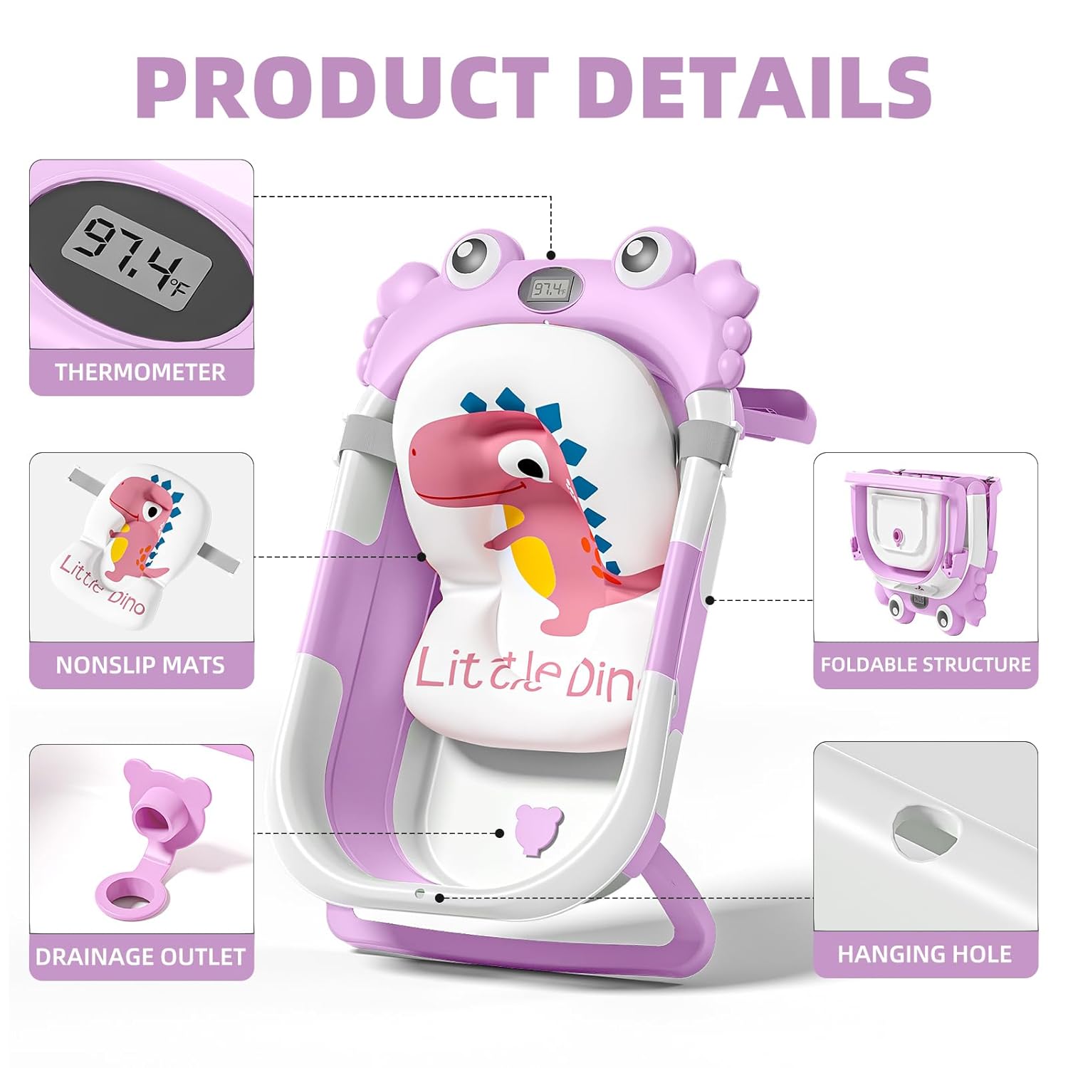Collapsible Baby Bathtub for Infants to Toddler with Real-time Temp Monitor+Floating