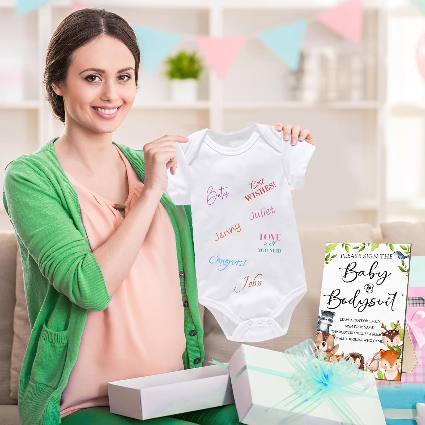 Qunclay 12 Pcs Baby Bodysuit Baby Shower Game Include 1 Game Wooden Sign Tabletop Decor 1 White Blank Newborn Bodysuit 10 Fabric Marker for Gender Reveal Party(Woodland)
