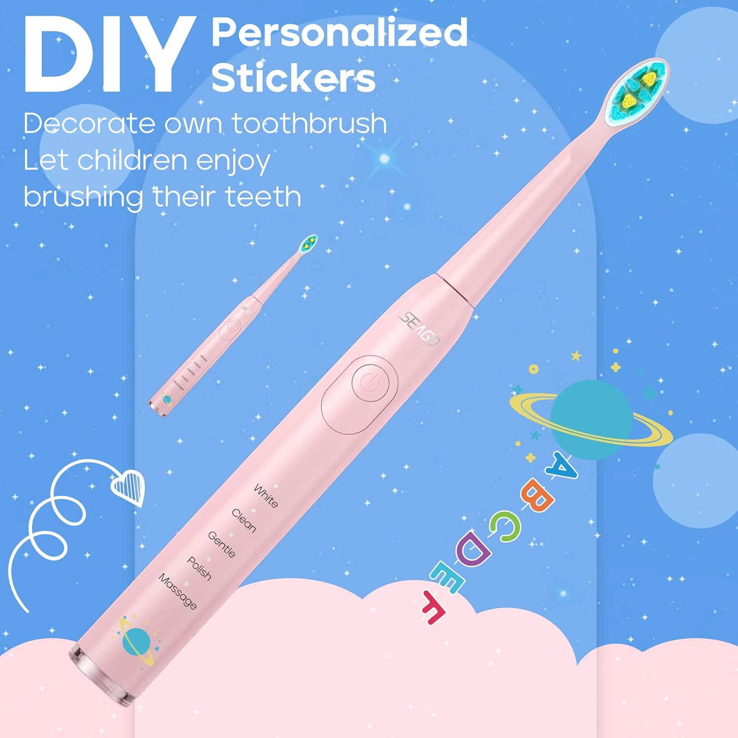 SEAGO Kids Electric Toothbrush, Sonic Soft Bristle Rechargeable Toothbrushes with DIY Stickers, 5