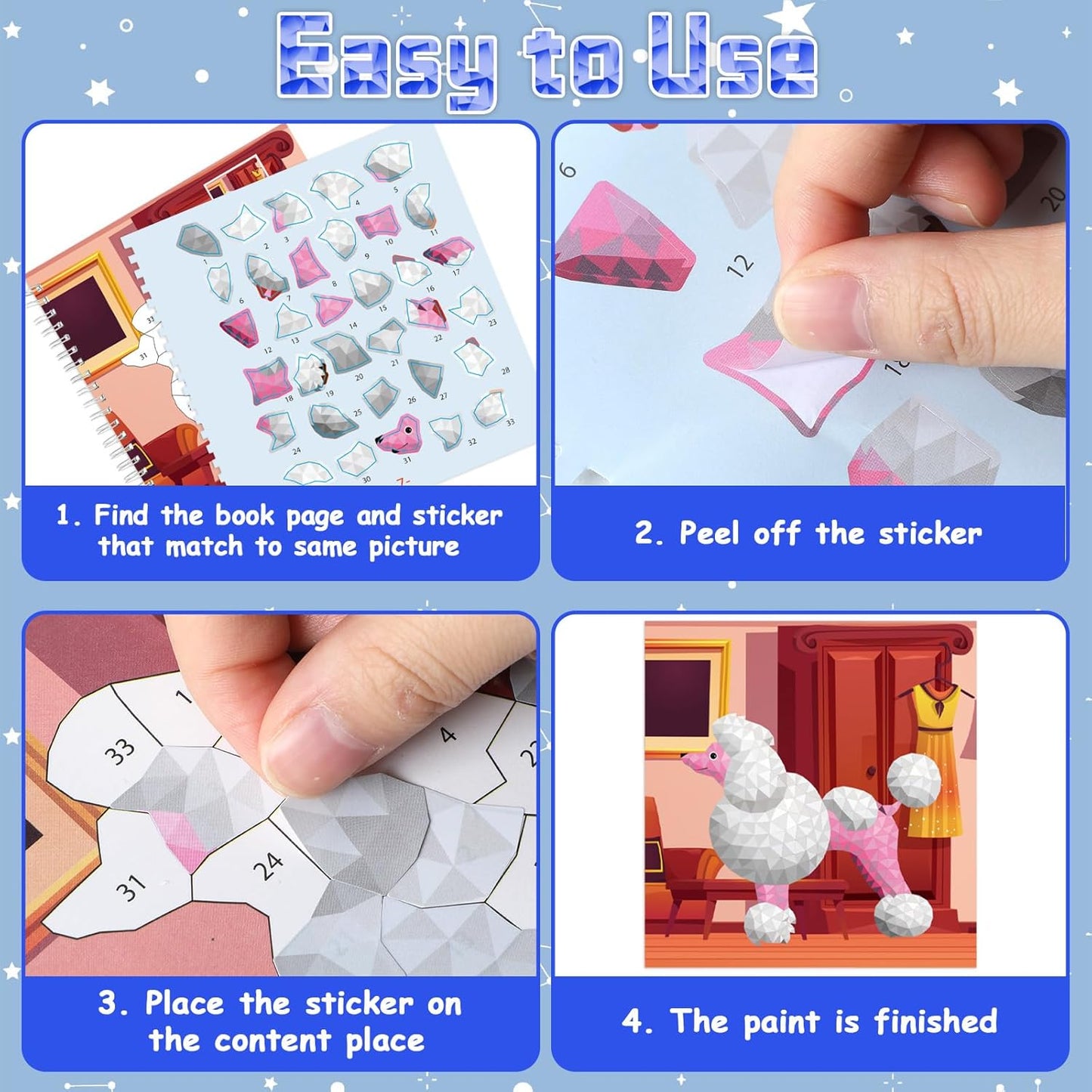 gisgfim 4Pcs Paint by Sticker Books Sticker by Number Books Activity Puzzle Book Craft Art Gift with Mermaid Cat Dog Silly Snack 32 Pictures Sticker by Number Book Set Party Favors