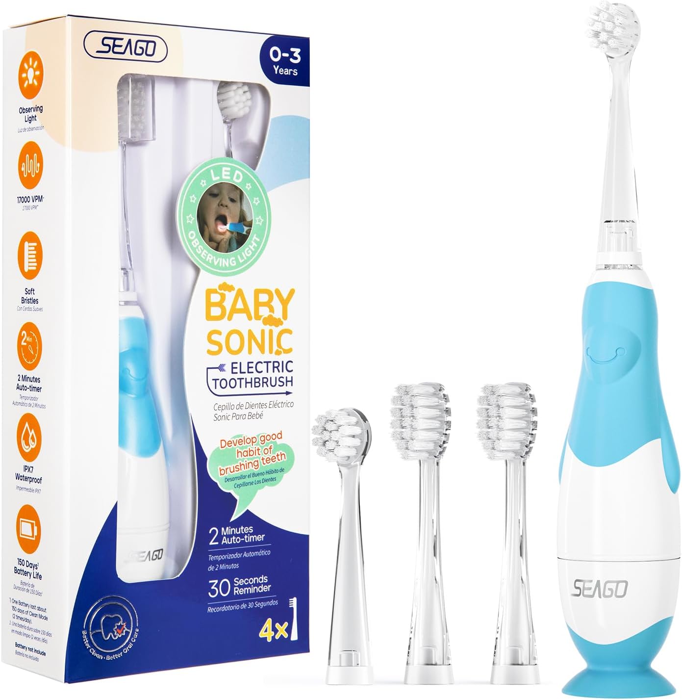 SEAGO Toddler Electric Toothbrushes for Baby Ages 0-3 Years, Baby Toothbrush with Smart Timer and