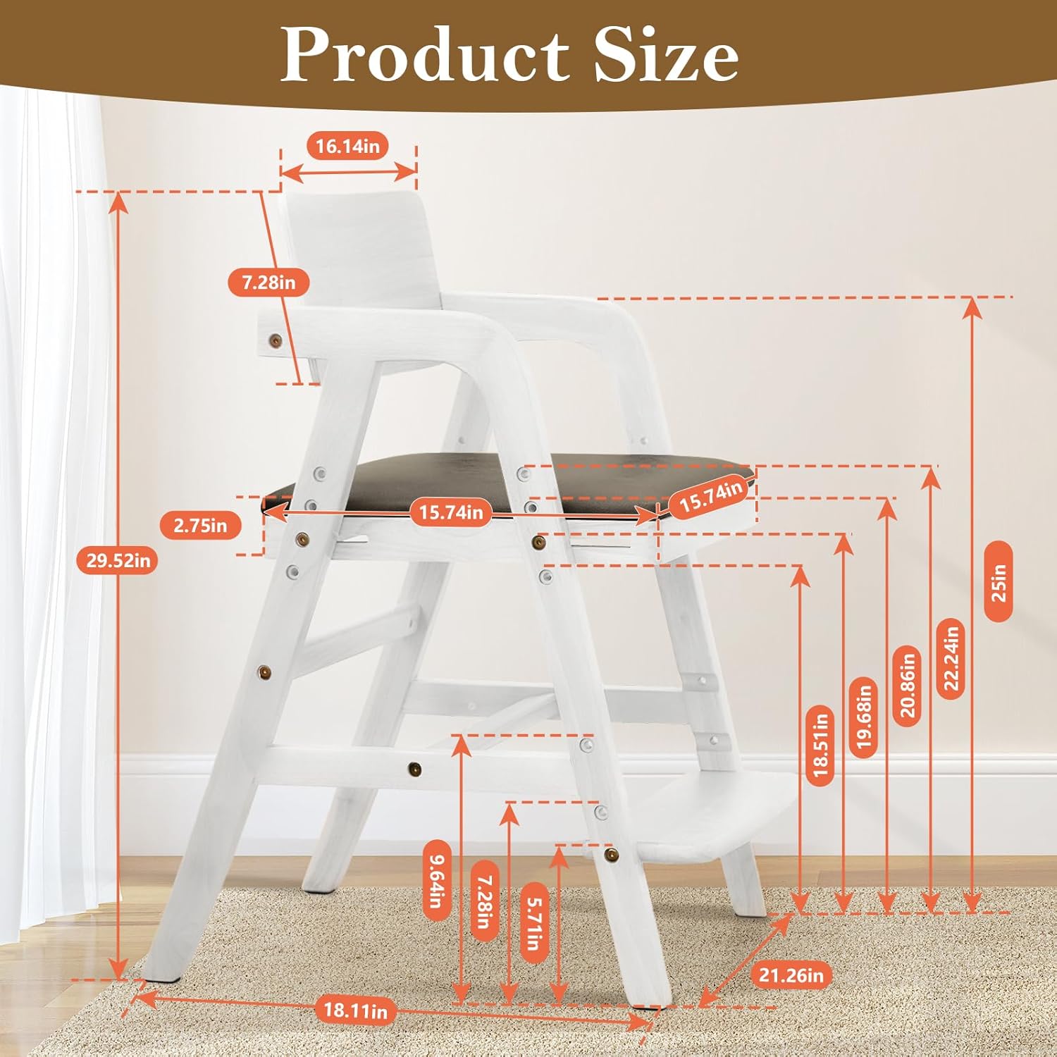 Solid Wood High Chair for Toddlers to Teens, Adjustable Height Toddler Dining Chair, Easy to Clean