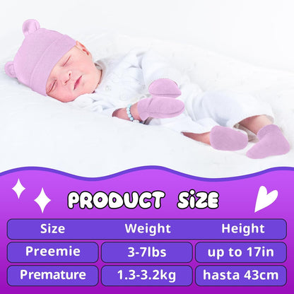 Cuffbow 4 Pcs Preemie Hats Mittens and Socks Set Preemie Mittens Warm Terry Socks for Baby
