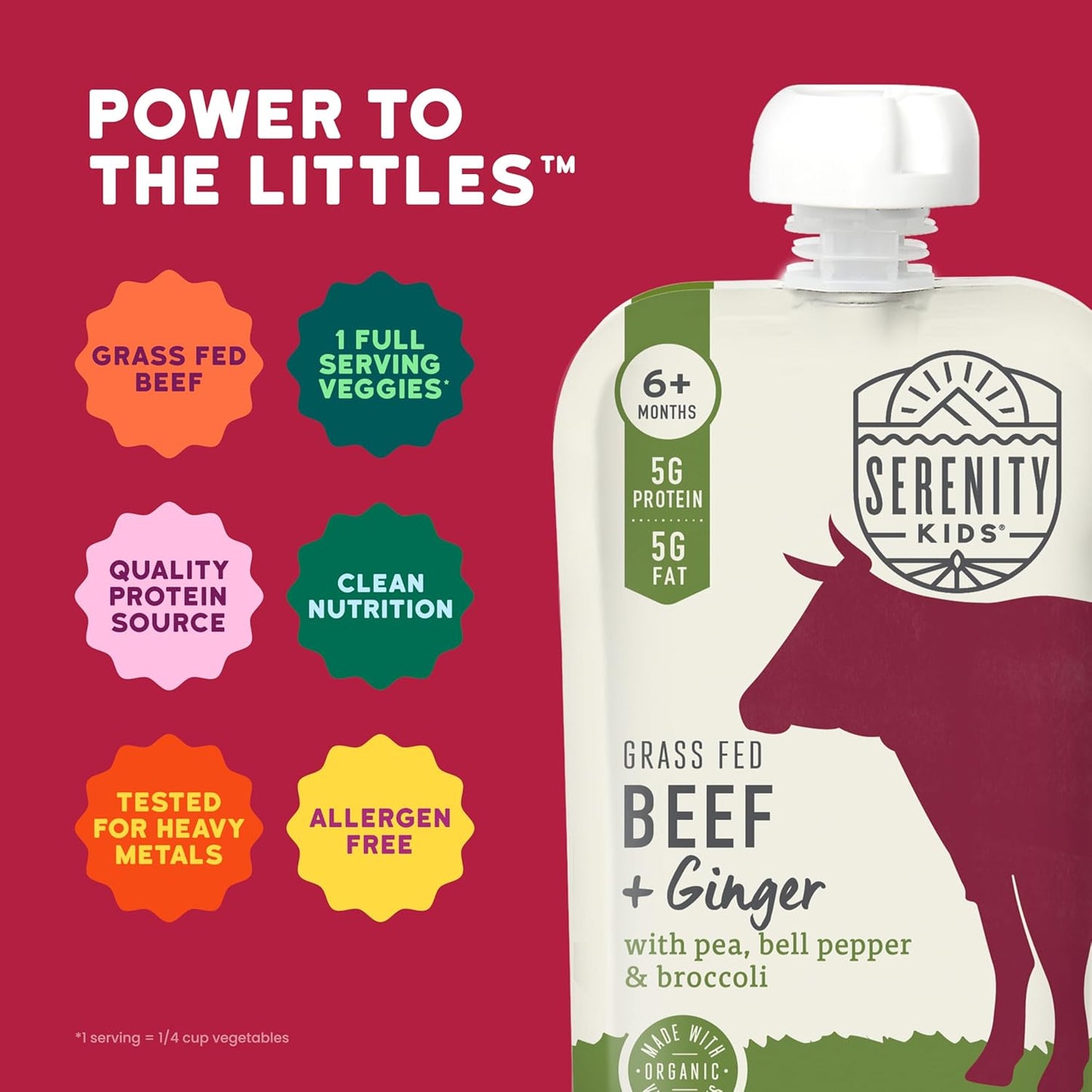 Serenity Kids 6+ Month Organic Beef & Veggie Baby Food Pouches - Grass-Fed Beef with Organic Pea