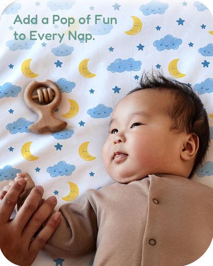 Pack and Play Sheets Fitted, Cloud+Blue Design, Soft and Safe, Hypoallergenic, 2 Pack for Mini Crib