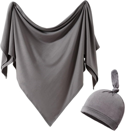 iEvolve Cotton Knitted Baby Swaddle Blanket with Hat Headband Set Newborn Swaddle Wrap Receiving Blankets for Baby Girl Boy 35" x 35"(Dark Grey)