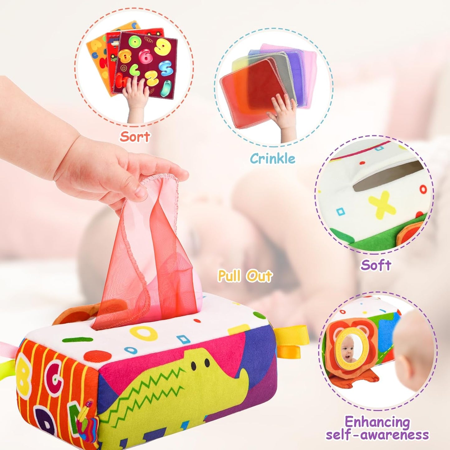 Baby Tissue Box - Montessori Toys for 6-12 Months, 1 Year Old - Soft Stuffed & High Contrast Crinkle Infant Sensory Toy, Early Learning Gift for Girls & Boys Toddlers