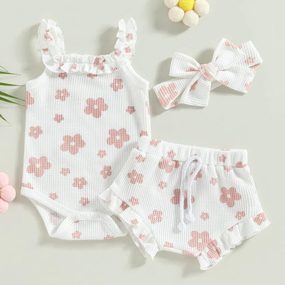 fhutpw Baby Girl Clothes Summer Cute Outfits 3 6 12 18 Months Spaghetti Strap Romper & Floarl Shorts Sets