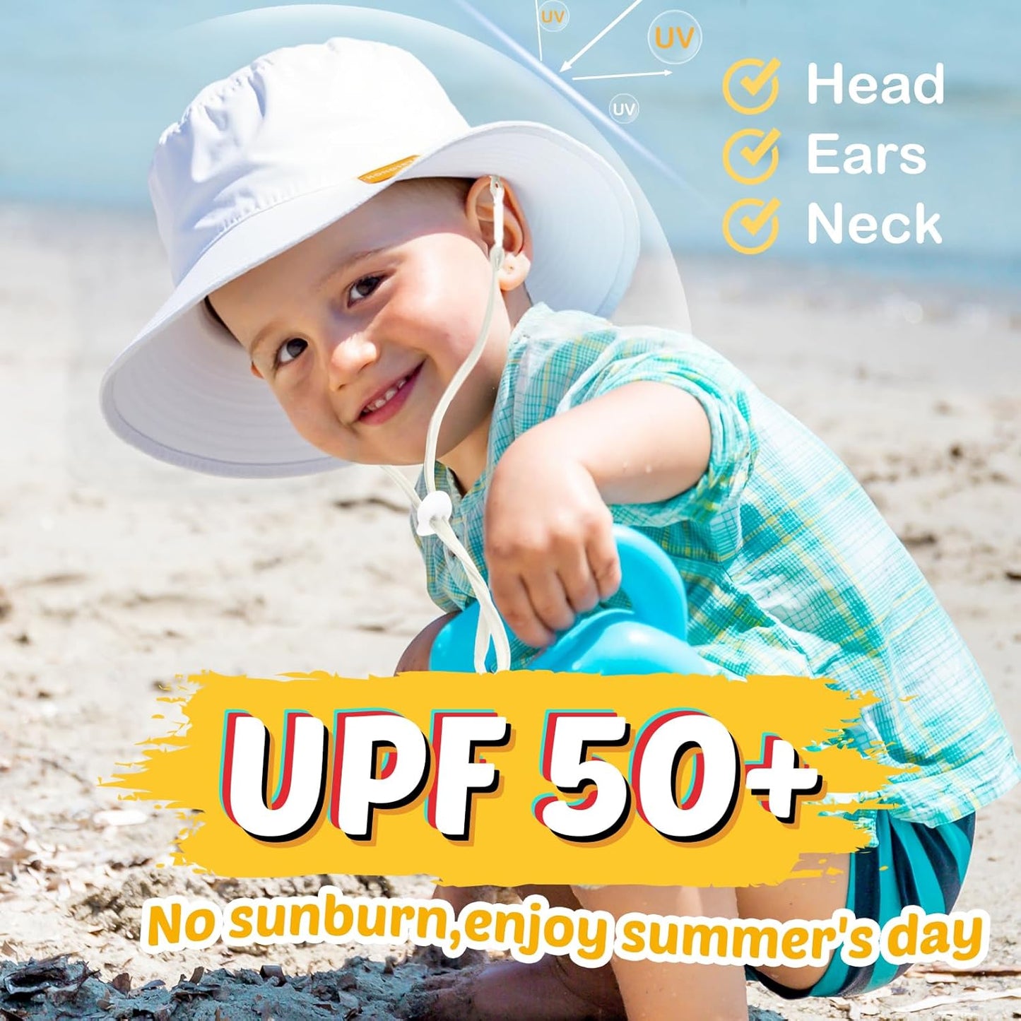 Baby Sun Hat Kids Summer UPF 50+ Toddler Bucket Hat Wide Brim Adjustable Beach Hats for Boys Girls Age 0-6 Years