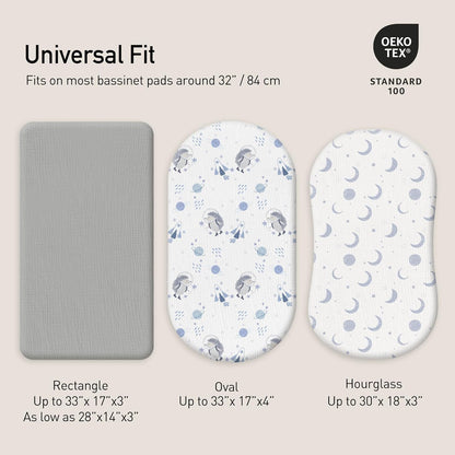 Gllquen Baby Muslin Bassinet Sheets 3 Pack, Breathable Elastic Cozy Fitted Cotton Bassinet Mattress Sheet for Baby Boy Girls, Fit for Hourglass Oval Rectangular Cradle Pad Sheets 33"x17" (Space)
