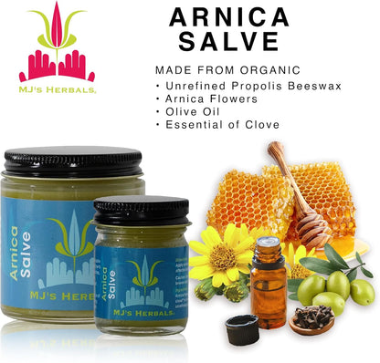 MJ’s Herbals Arnica Salve | Organic, Maximum Strength, Immediate Relief for Sore Muscles & Feet | Bruise Recovery, Fantastic Massage & After Yoga Balm | No Parabens, No Synthetics (1 oz)