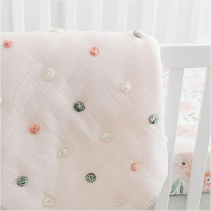 Crane Baby Soft Cotton Muslin Nursery Blanket with Pom Pom Trim, 36" X 36", Stroller Blanket for