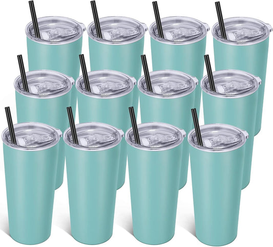 VEGOND 20oz Tumbler Bulk with Lid and Straw 12 Pack, Stainless Steel Vacuum Insulated Tumbler, Double Wall Coffee Cup Travel Mug, River Green