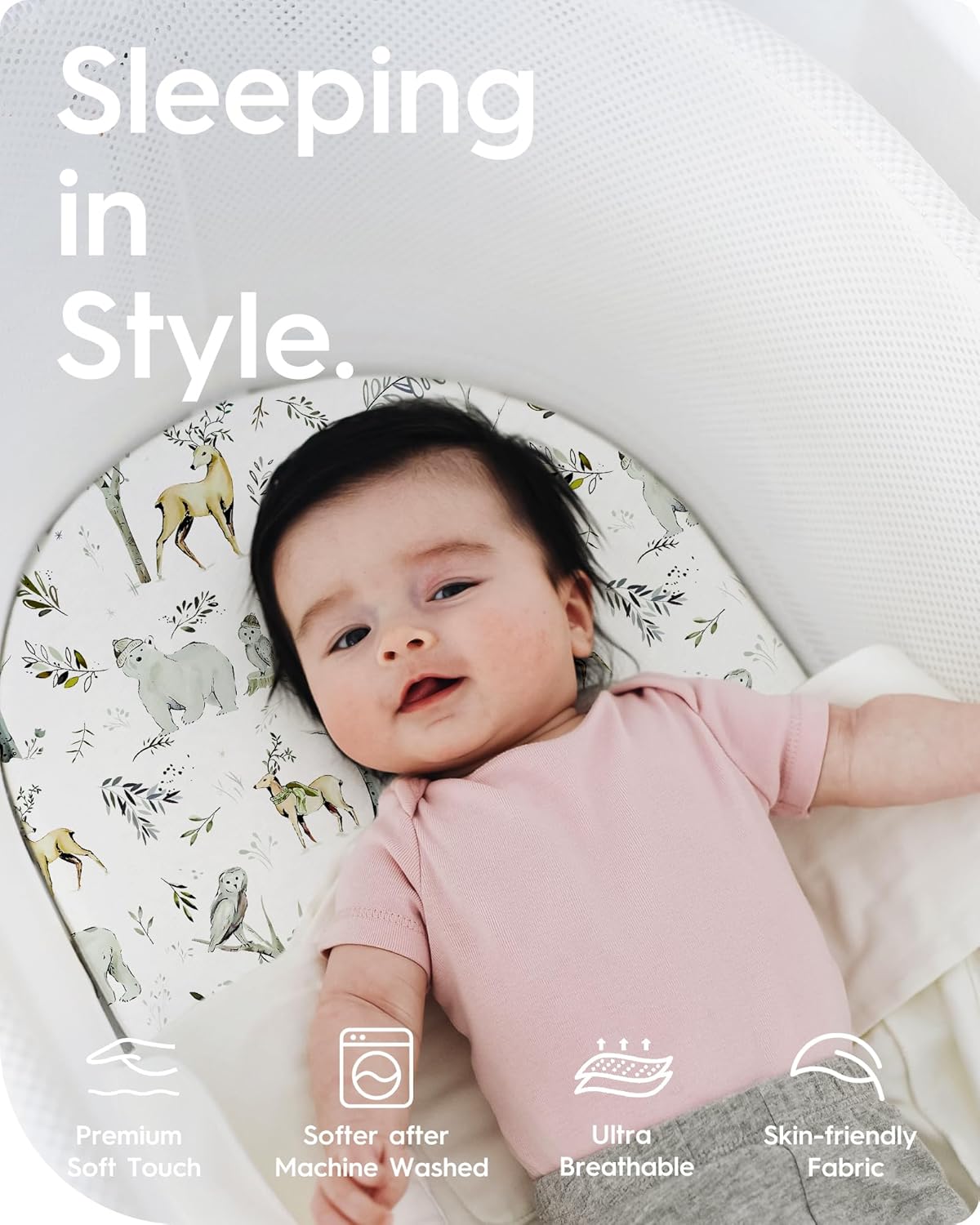 Bassinet Sheets for Baby Boy Girl, TotBasic Buttery Soft Universal Bassinet Fitted Sheet, Compatible with Halo, Mika Micky, Baby Delight, Dream On Me, Maxi COSI and More Bassinet Mattress(Woodland)