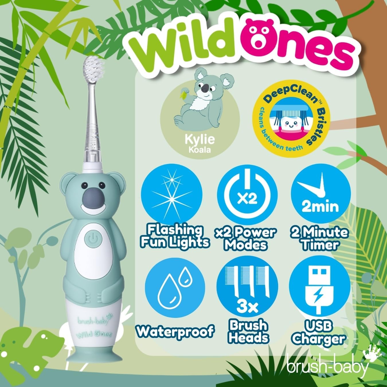 brush-baby WildOnes™ Rechargeable Kids Electric Toothbrush – Koala | Flashing Lights, 2-Min Timer