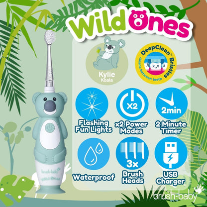 brush-baby WildOnes™ Rechargeable Kids Electric Toothbrush – Koala | Flashing Lights, 2-Min Timer