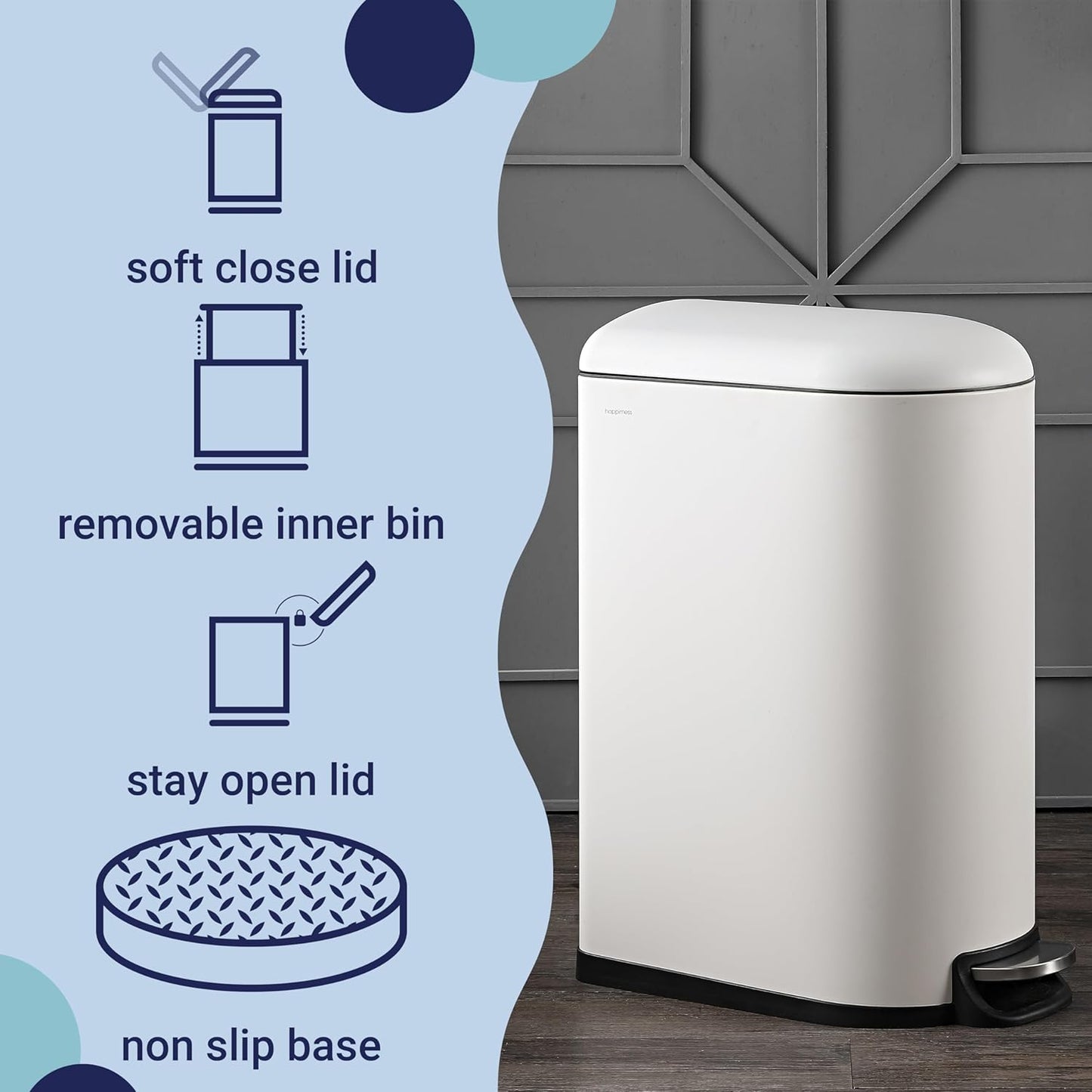 happimess HPM1009C Roland Mini 2.6-Gallon Step-Open Trash Can with Soft-Close Lid, Modern, Minimalistic, Fingerprint Proof for Home, Kitchen, Laundry Room, Office, Bedroom, Bathroom, White