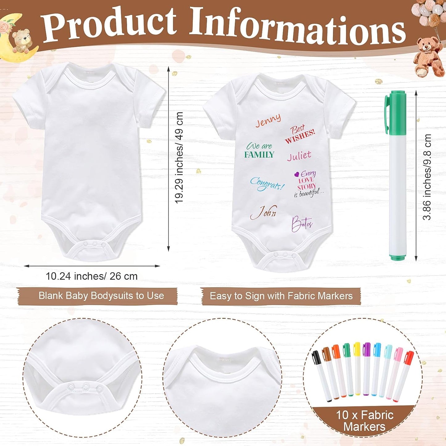 Qunclay 12 Pcs Baby Bodysuit Baby Shower Game Include 1 Game Wooden Sign Tabletop Decor 1 White Blank Newborn Bodysuit 10 Fabric Marker for Gender Reveal Party(Kraft)