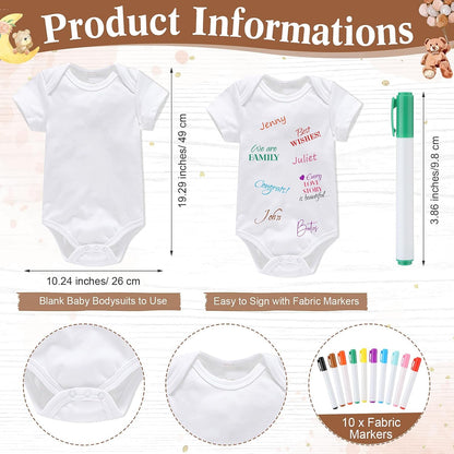 Qunclay 12 Pcs Baby Bodysuit Baby Shower Game Include 1 Game Wooden Sign Tabletop Decor 1 White Blank Newborn Bodysuit 10 Fabric Marker for Gender Reveal Party(Kraft)