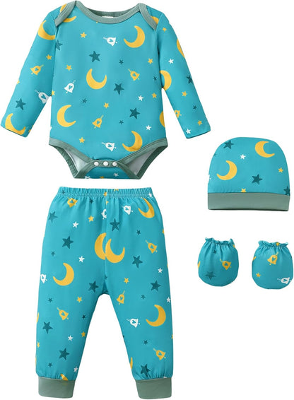NZRVAWS Newborn Baby Boy Girl Clothes Unisex Infant Romper Pants Set Hat 4-Pack Outfits 0-12 Months 16 Pieces Toddler