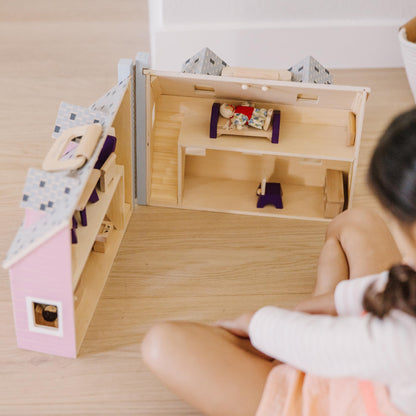 Melissa & Doug Fold & Go Wooden Dollhouse with 2 Dolls and 11 Pieces of Furniture - Portable Mini