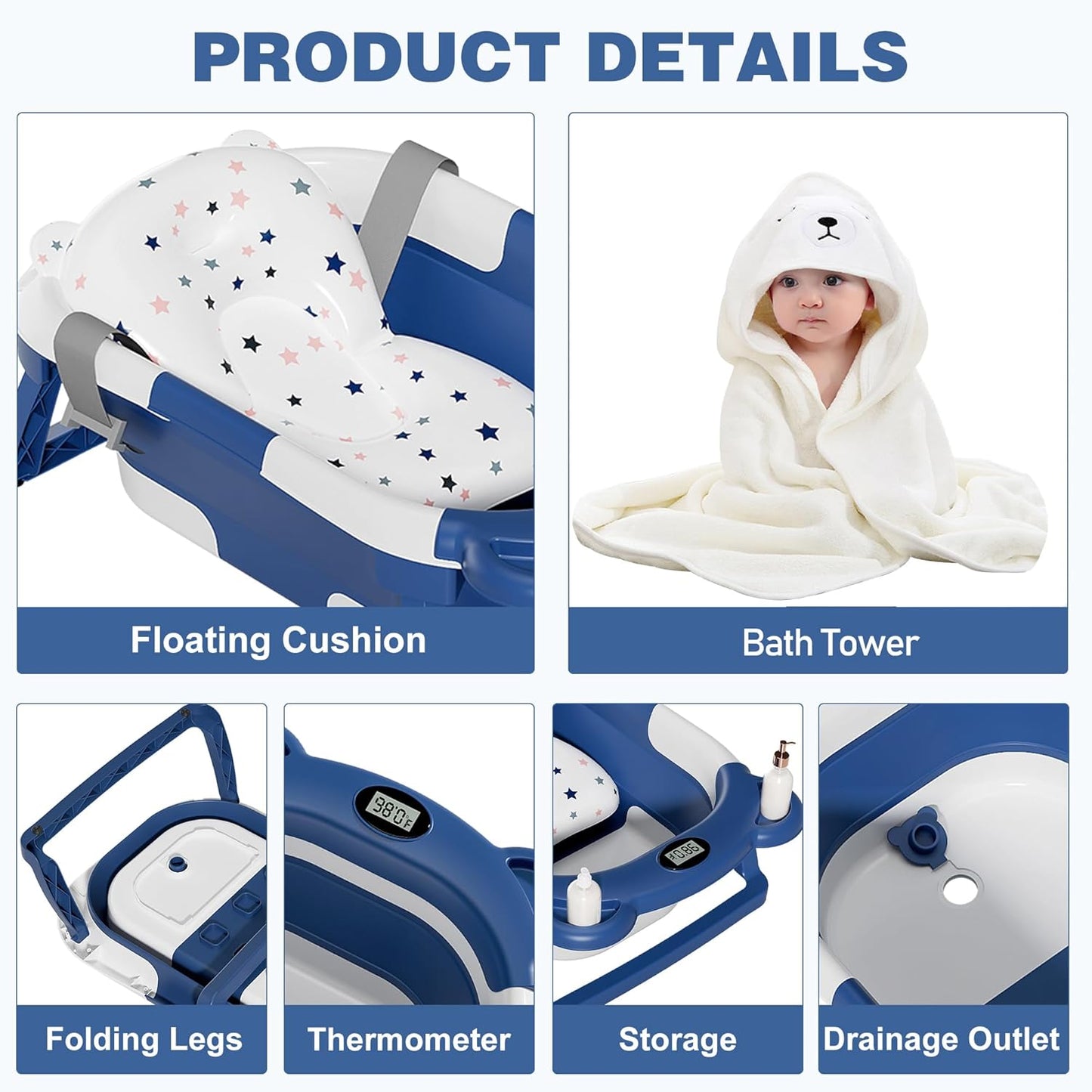 MoreFeel Collapsible Baby Bathtub for Newborn with Thermometer & 1 Soft Floating Cushion & 1 Bath