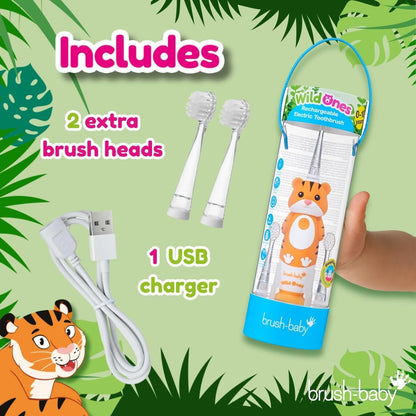 brush-baby WildOnes™ Rechargeable Kids Electric Toothbrush – Toby Tiger | Flashing Lights, 2-Min