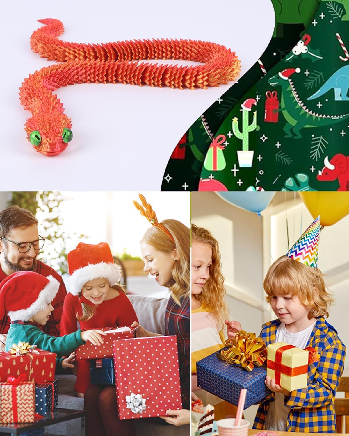 3D Printed Animals-Snake Viper, 24 in Surprise Mystery Snake Fidget Toy Creative Toy 3D Printed Articulated Snake Collectibles Home Office Executive Desk Decor (Red Gold)