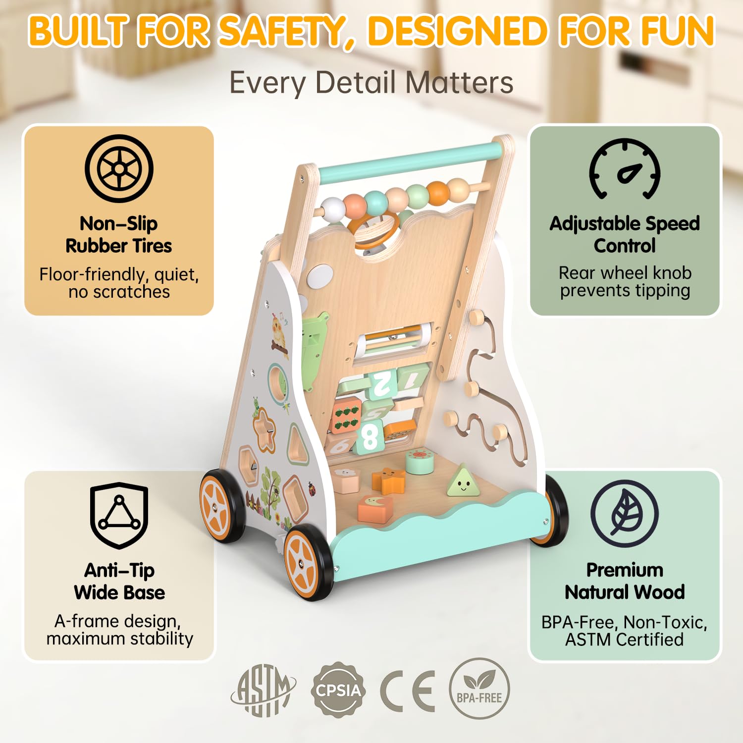 Weilim Wooden Baby Walker, 10-in-1 Montessori Push Walker for Toddlers 1+