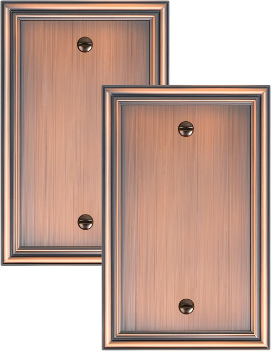 2-Pack Single Blank Wall Plates, Durable Solid Zinc Alloy Blank Outlet Covers, Decorative Antique Copper Wall Plate Cover for Unused Outlets/Switches, Corrosion Resistant