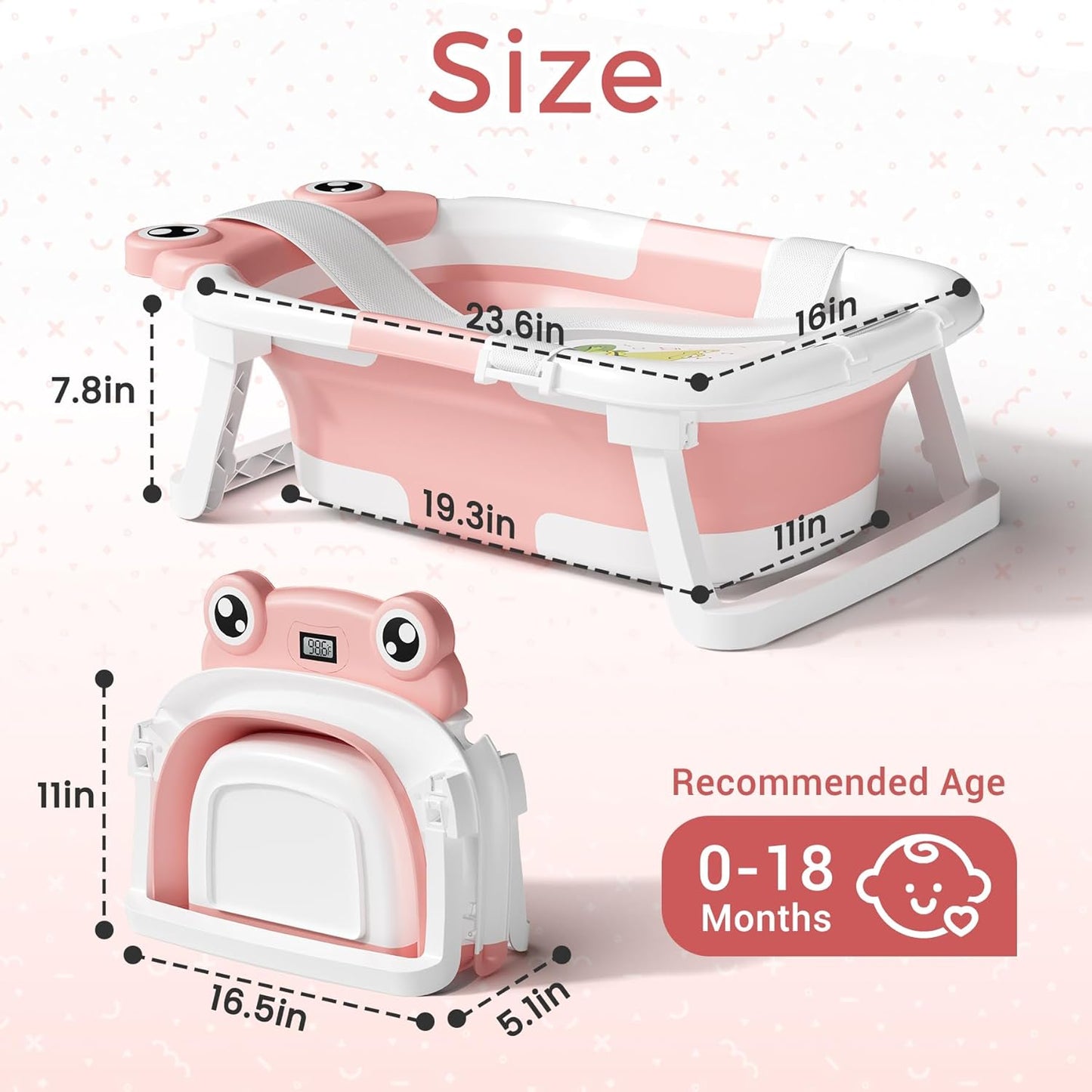 Baby Bathtub, Collapsible Newborn Bathtub for Infant to Toddler 0-24 Months with Soft Cushion and