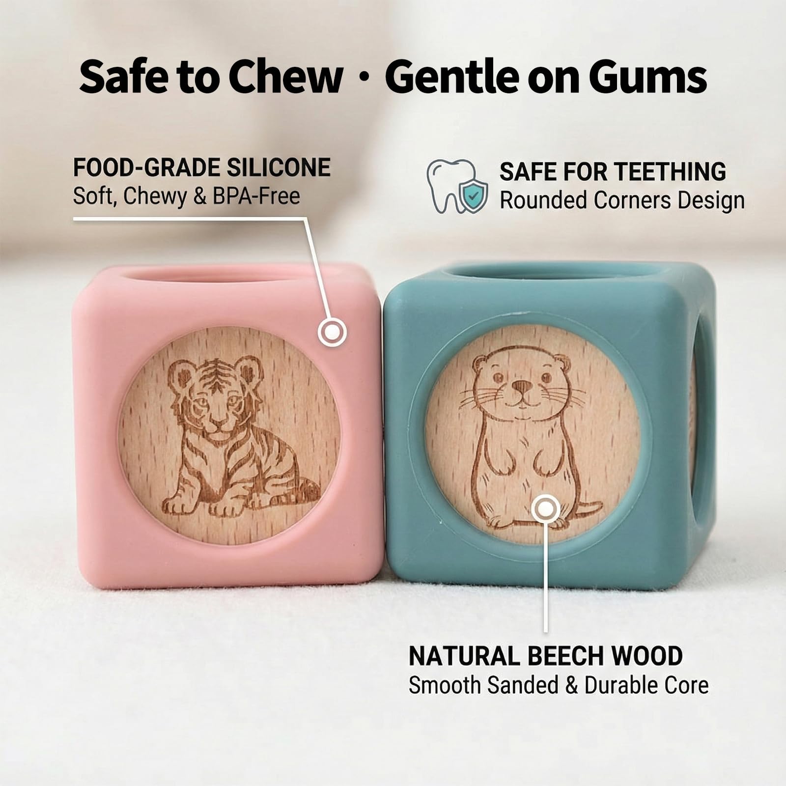 Little Rawr 9 Pcs Baby Silicone & Wooden Stacking Blocks, Food-Grade Silicone Baby Toy with Natural