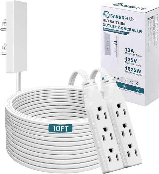 Outlet Concealer Power Strip-Outlet Cover Extender with 3AC Outlets-10ft Flat Plug Extension Cord,Universal Size,1625W for Kitchen, Home and Office,Child & Pet Safe(Dual 10 Foot)